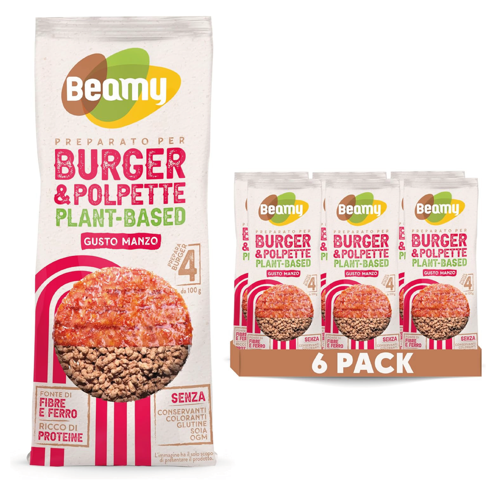 BEAMY Preparato per Burger e Polpette Plant-based , Gusto Manzo,  6x120 g