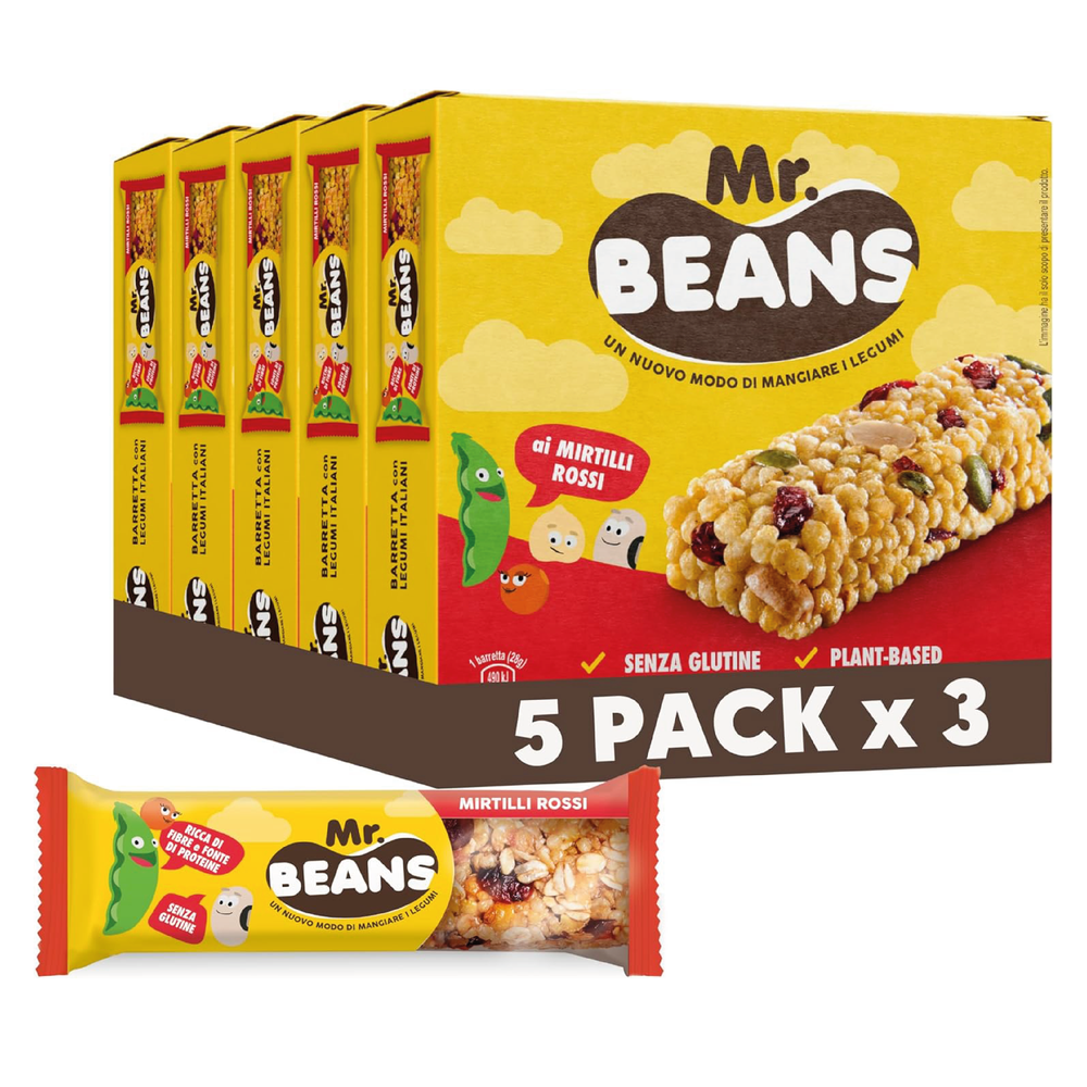 Mr. Beans, Barrette ai mirtilli rossi a Base di Legumi, 5 Confezioni da 3 pz, 420 g